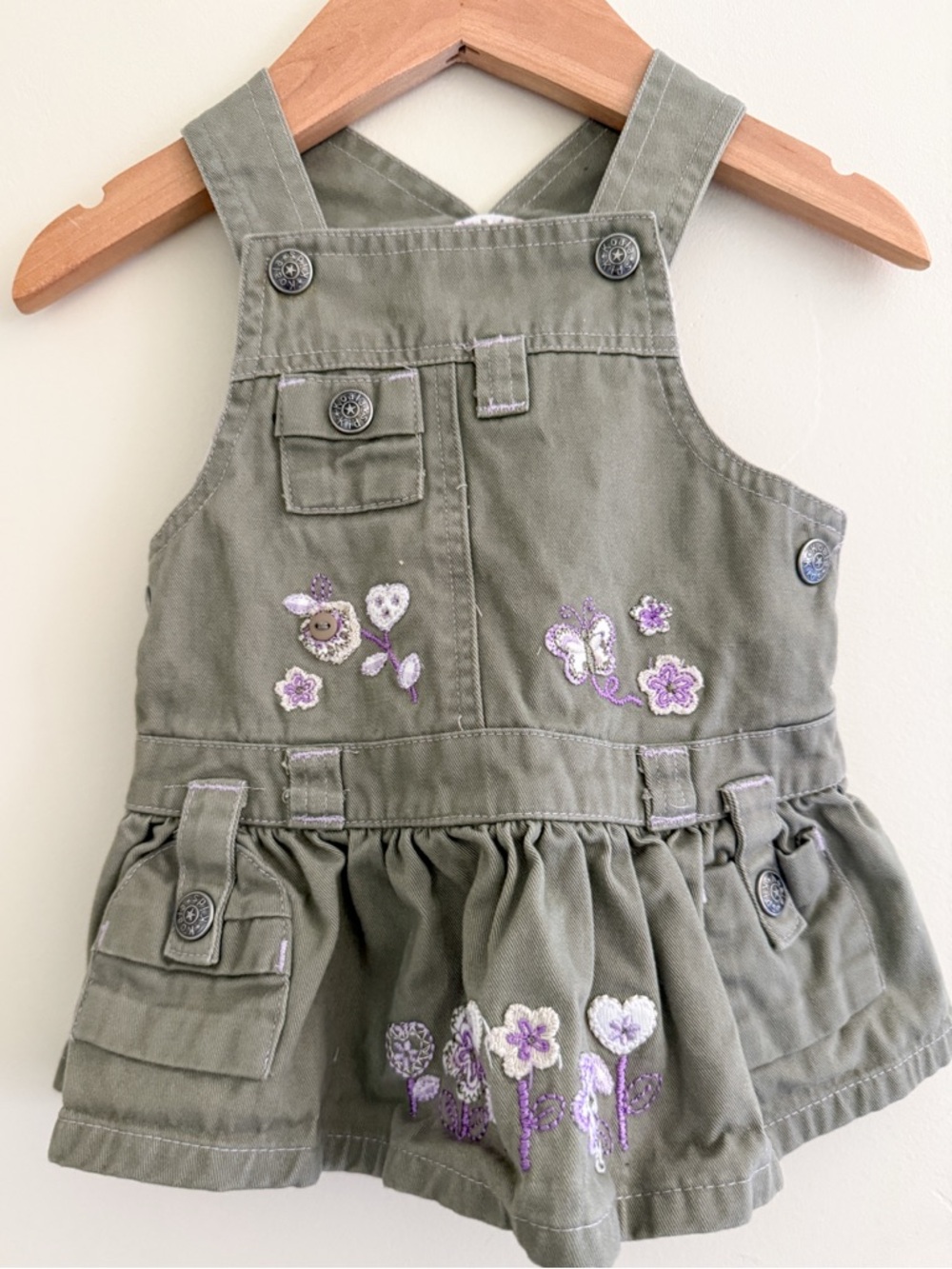 Y2K Koala Kids Olive Green Embroidered Overall Dress with Purple Accents